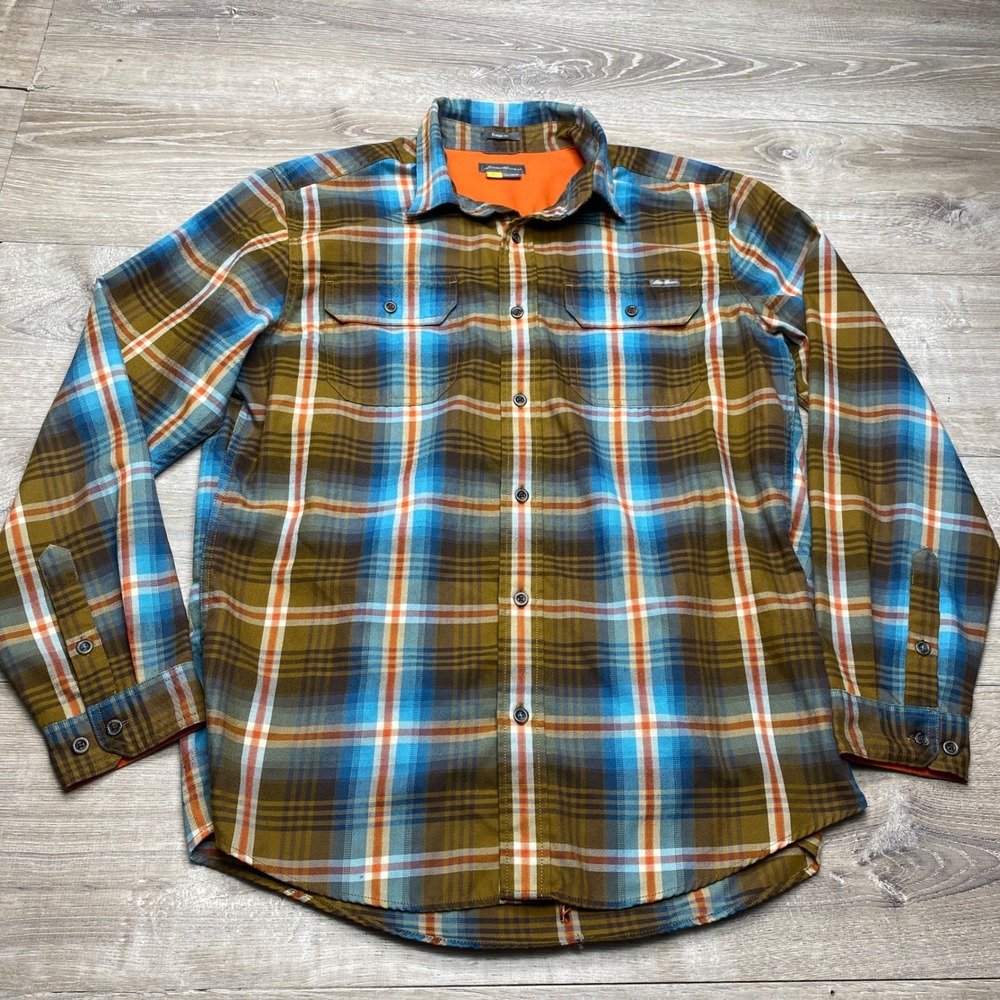 Eddie Bauer Plaid Flannel Shirt Mens L Polyester Brown Blue Orange Classic Fit